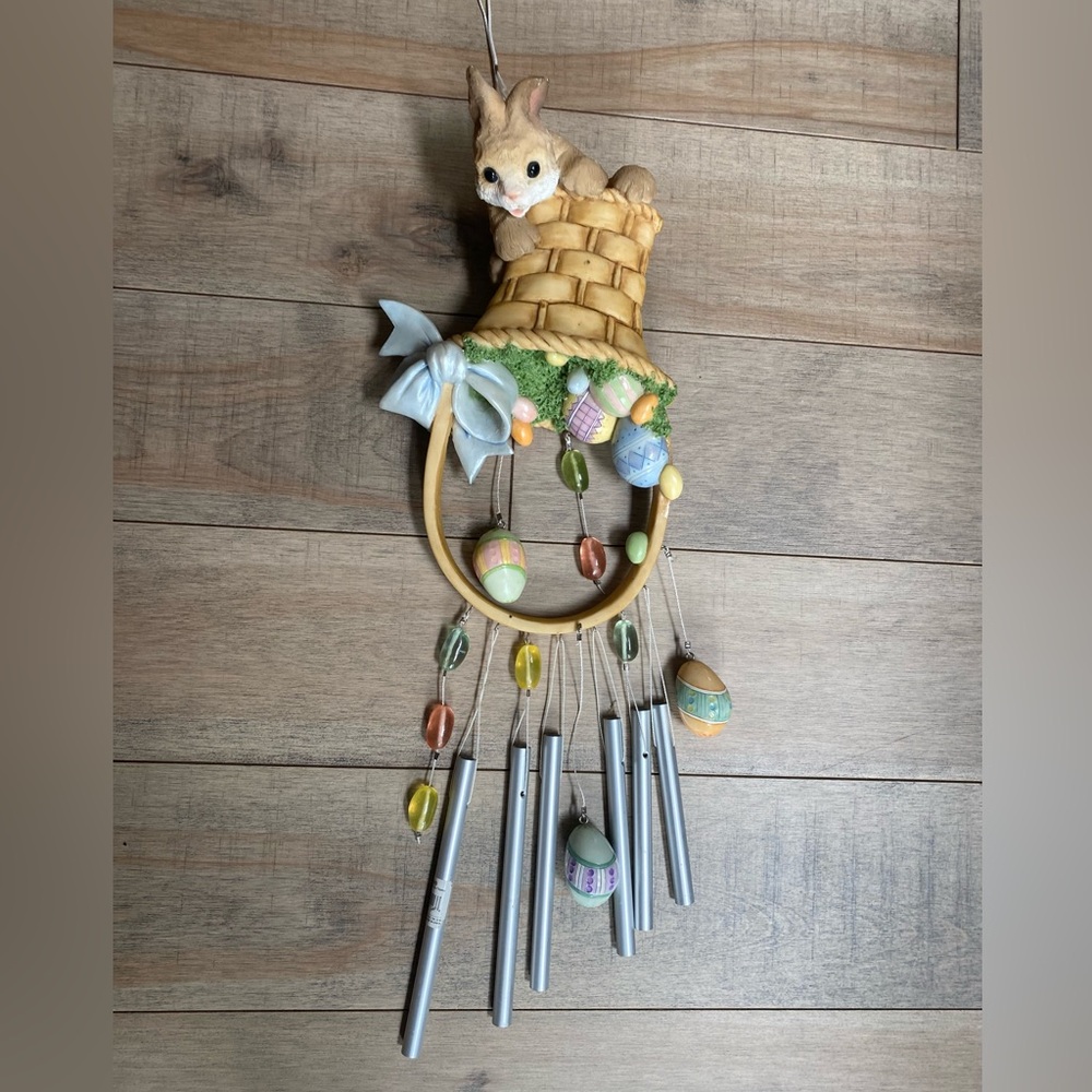 Wind Chimes Festive Easter Climbing Bunny On Basket Eggs Resin Candy Whimsical